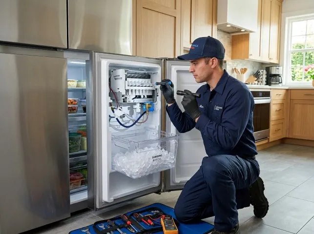 Appliance Repair Hero technician repairing a refrigerator ice maker in Brinklow, MD