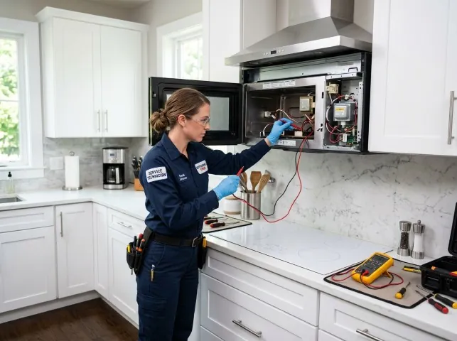 Appliance Repair Hero technician testing an over-the-range microwave in a Brinklow, MD kitchen